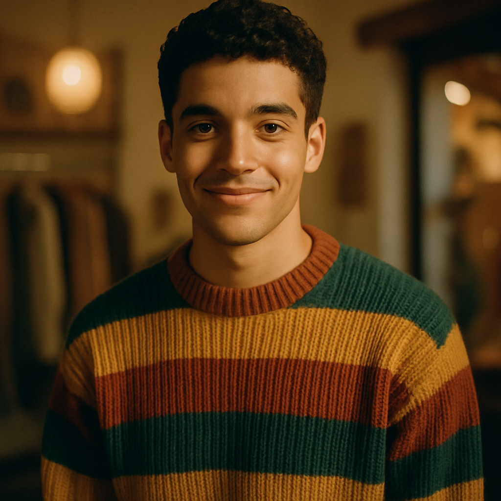 Diego in a striped retro knit