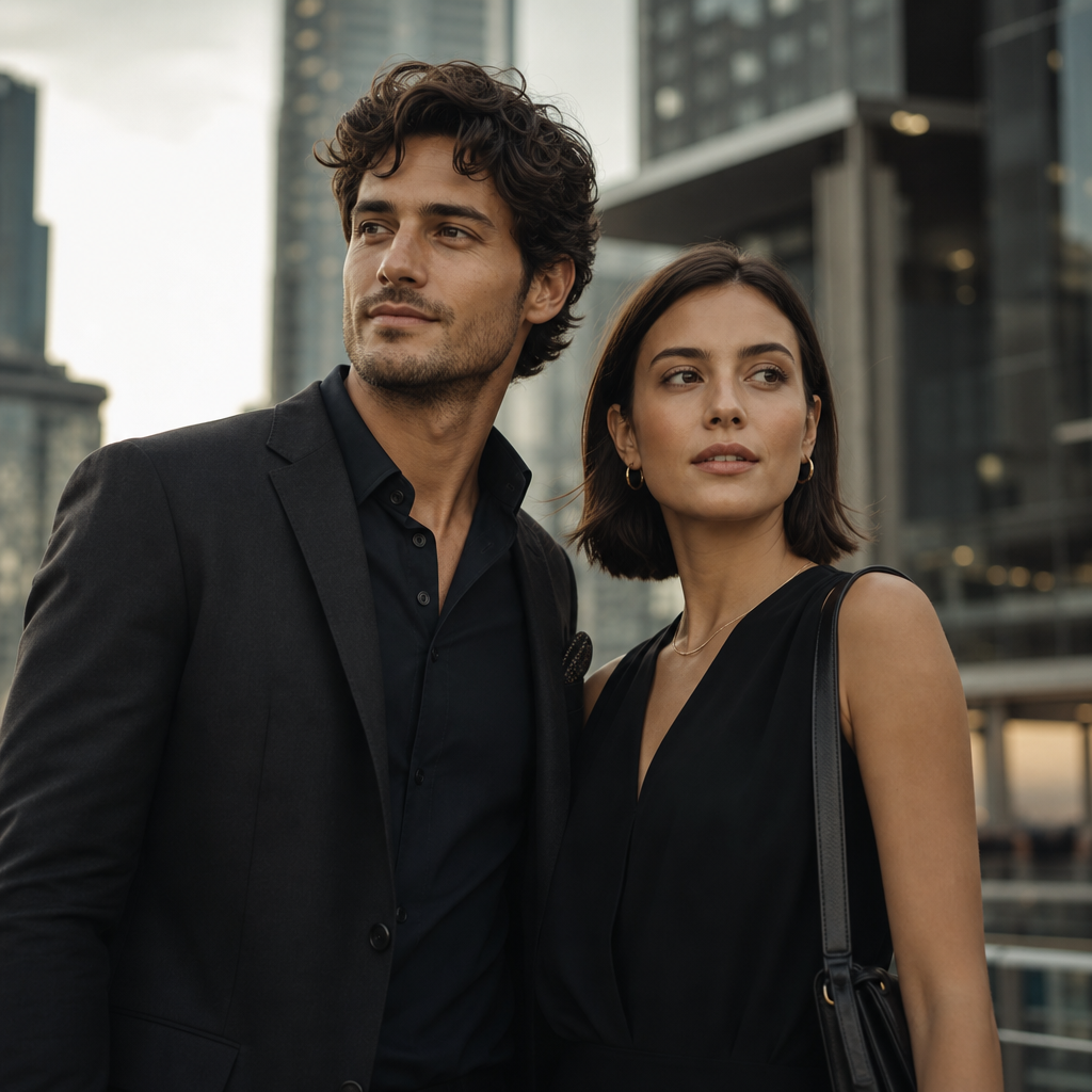 Young American couple dressed in modern city attire, the man with wavy dark hair and the woman with a sleek bob