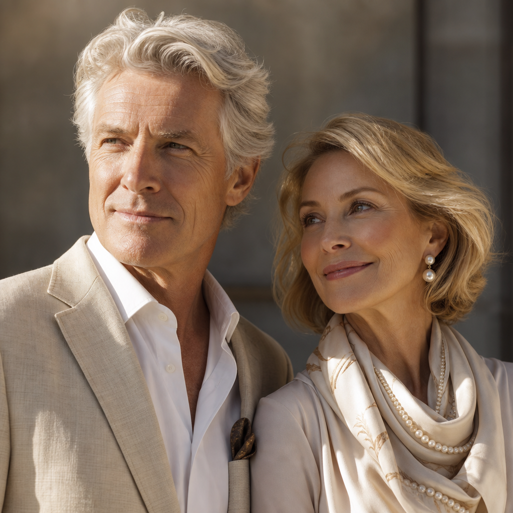 Elegant older Australian couple smiling in soft sunlight, the man with silver hair and the woman with a pearl scarf