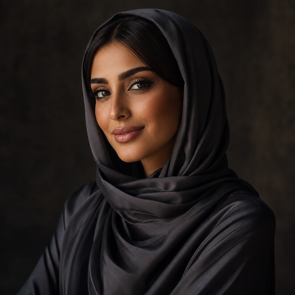 Middle Eastern woman with a charcoal silk headscarf and refined makeup, smiling softly