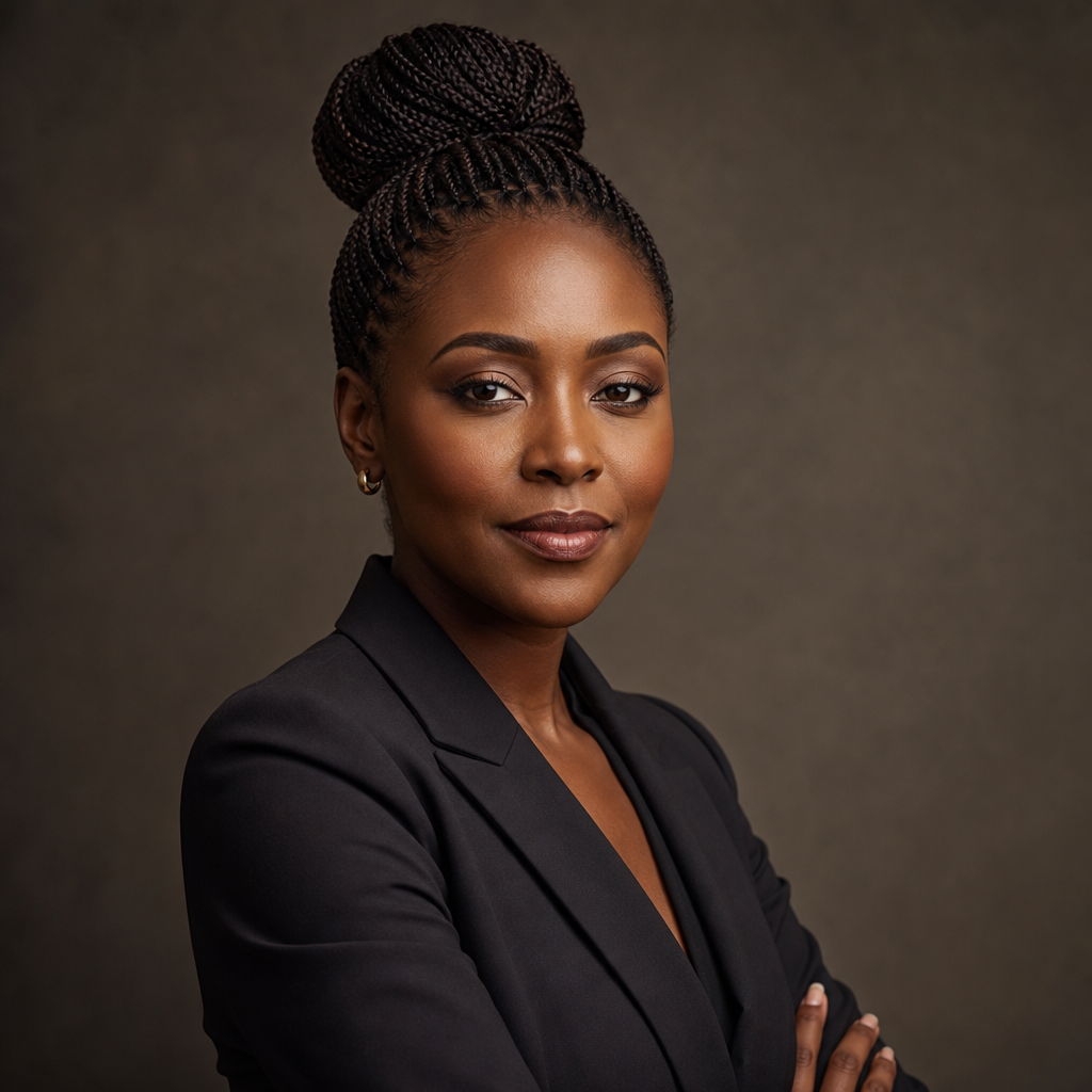 Kenyan executive woman with braided hair pulled into a bun, wearing a tailored blazer