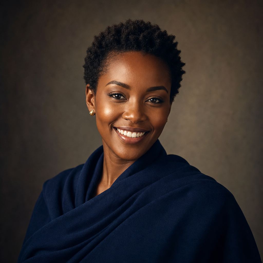 Warm-smiling Kenyan woman with short natural curls wearing a navy wrap and gold stud earrings