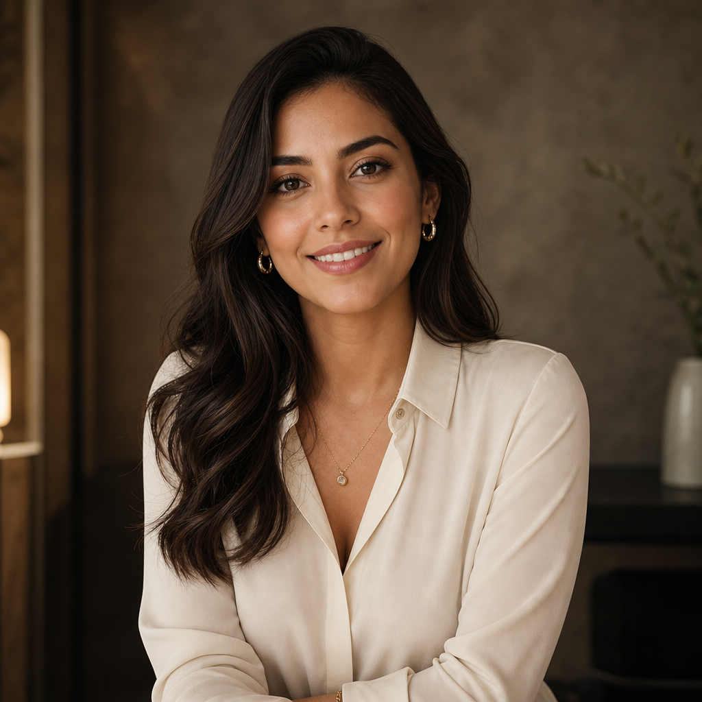 Mexican woman with long dark hair and a cream blouse, wearing subtle gold jewelry