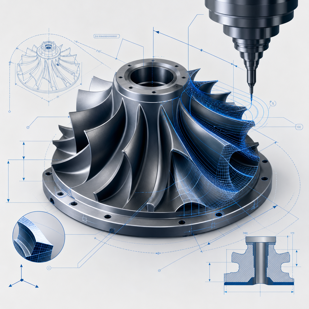 Isometric technical diagram of a turbine component with annotated measurement lines and machining paths