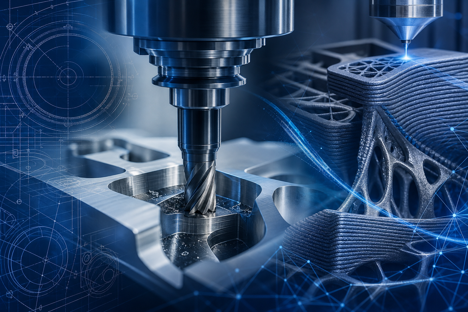 Abstract engineering visualization featuring precision CNC tooling, layered additive manufacturing textures, and technical blueprint overlays in cool blue tones