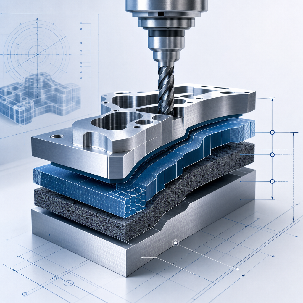 Abstract technical diagram showing a layered machining cross-section with measurement callouts