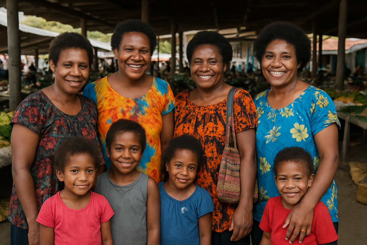 Group of Melanesian mothers and families standing together in a welcoming market space, smiling with a sense of pride and community