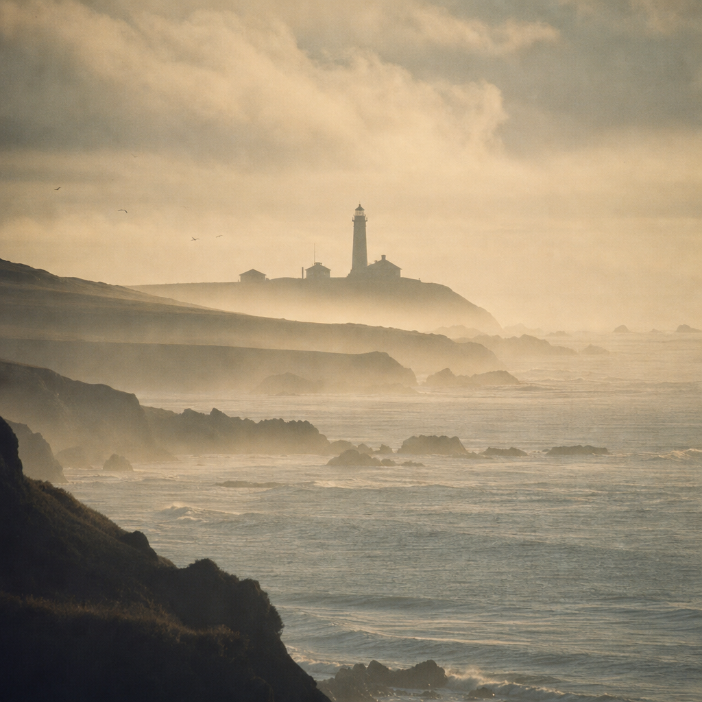 Distant coast view with lighthouse tower silhouette against low coastal mist