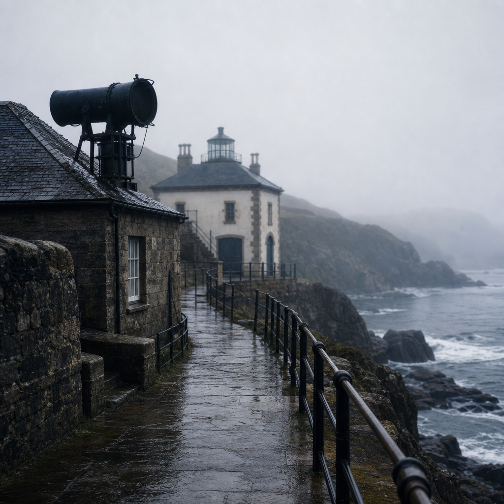 Fog signal shoreline approach scene with wet stone surfaces and metal railings