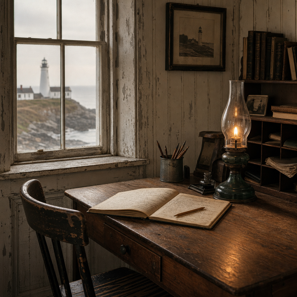 Keeper quarters detail showing a desk, oil lamp, and sea-worn interior textures