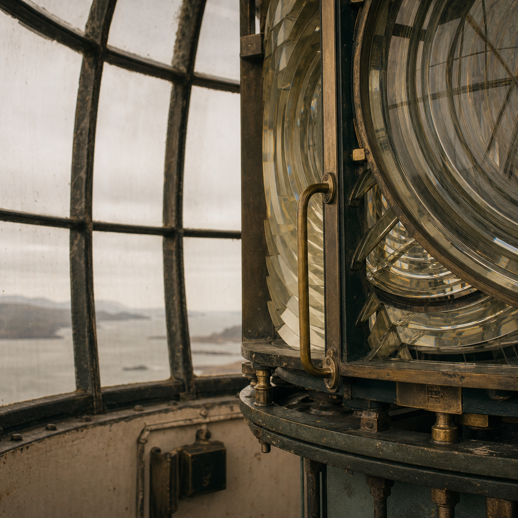 Close interior view of lantern glass and metalwork in a historic lighthouse