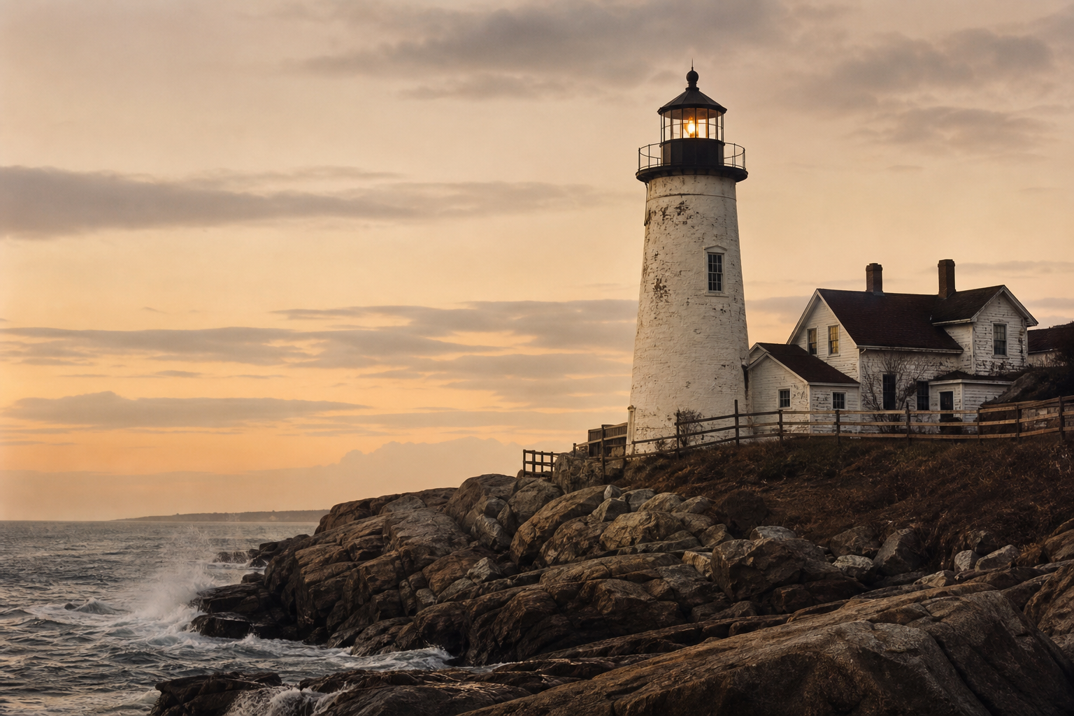 Archival-style lighthouse exterior on a rocky shoreline under muted evening light