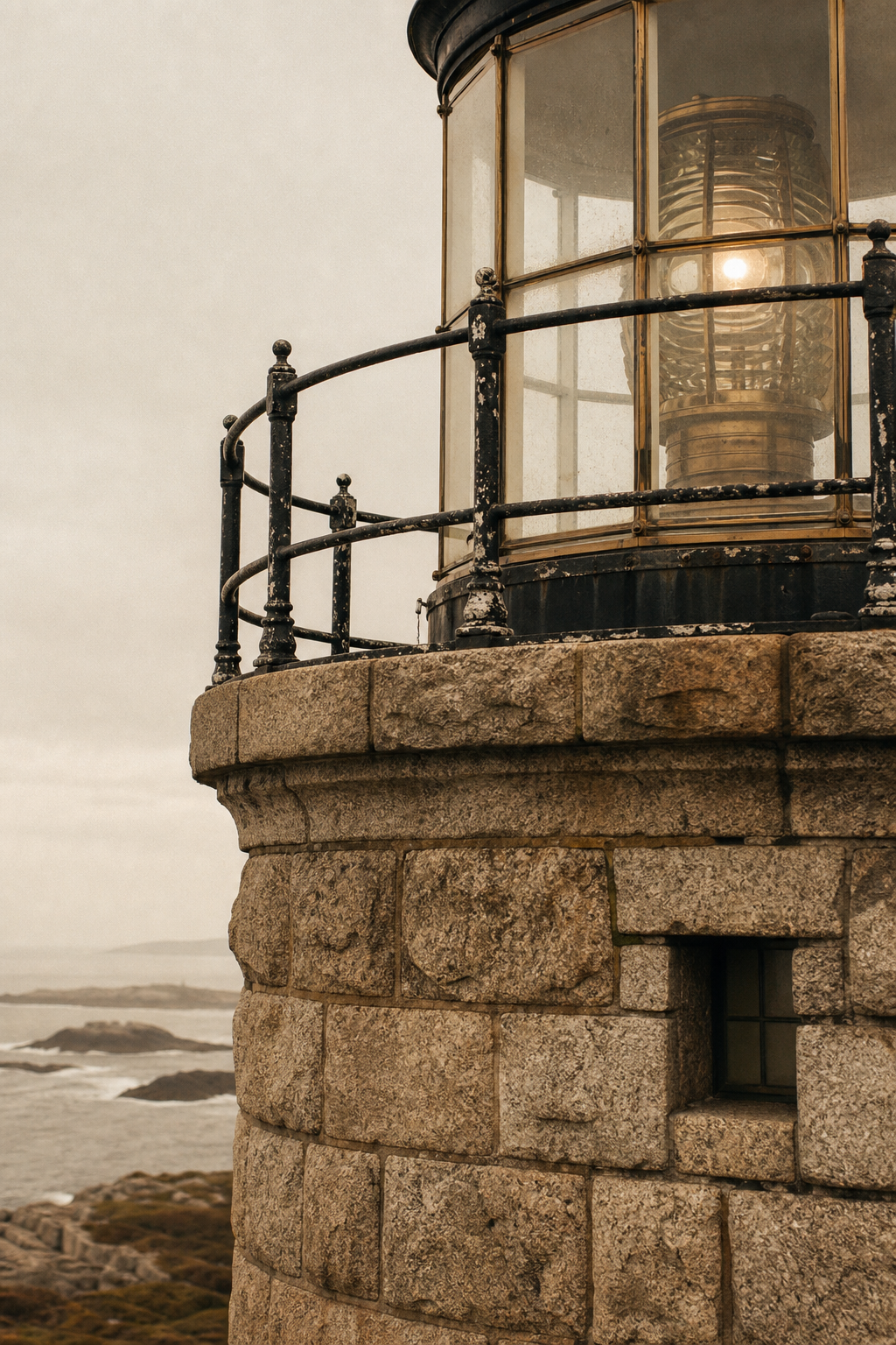 Warm archival close-up of lighthouse masonry, lantern glass, and weathered railings