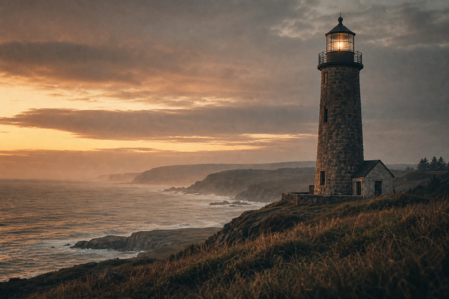 Warm film-photography scene of a northern coastal lighthouse on a windswept bluff at dusk