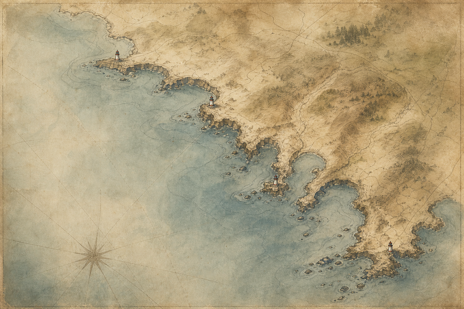 Stylized warm-toned coastal map illustration showing a rugged northern shoreline with subtle lighthouse tower markers