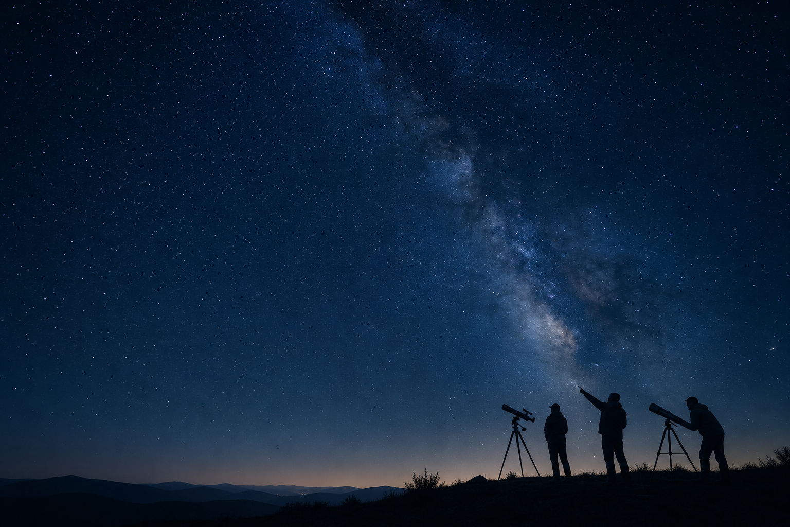 Deep night-sky star field above a subtle silhouette of amateur astronomers using telescopes on a ridge