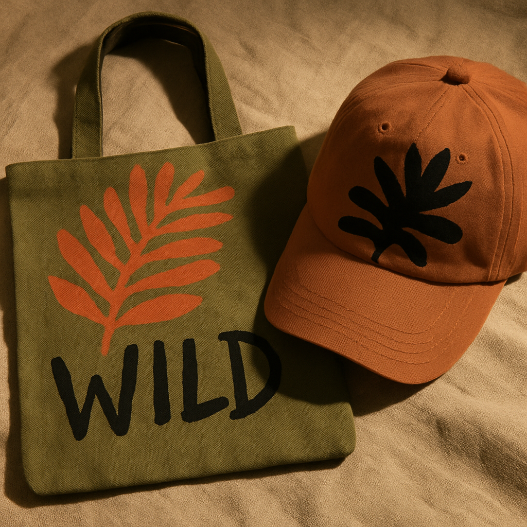 Close-up of tote and cap in olive and rust tones with oversized abstract fern print and hand-inked typography on textured linen