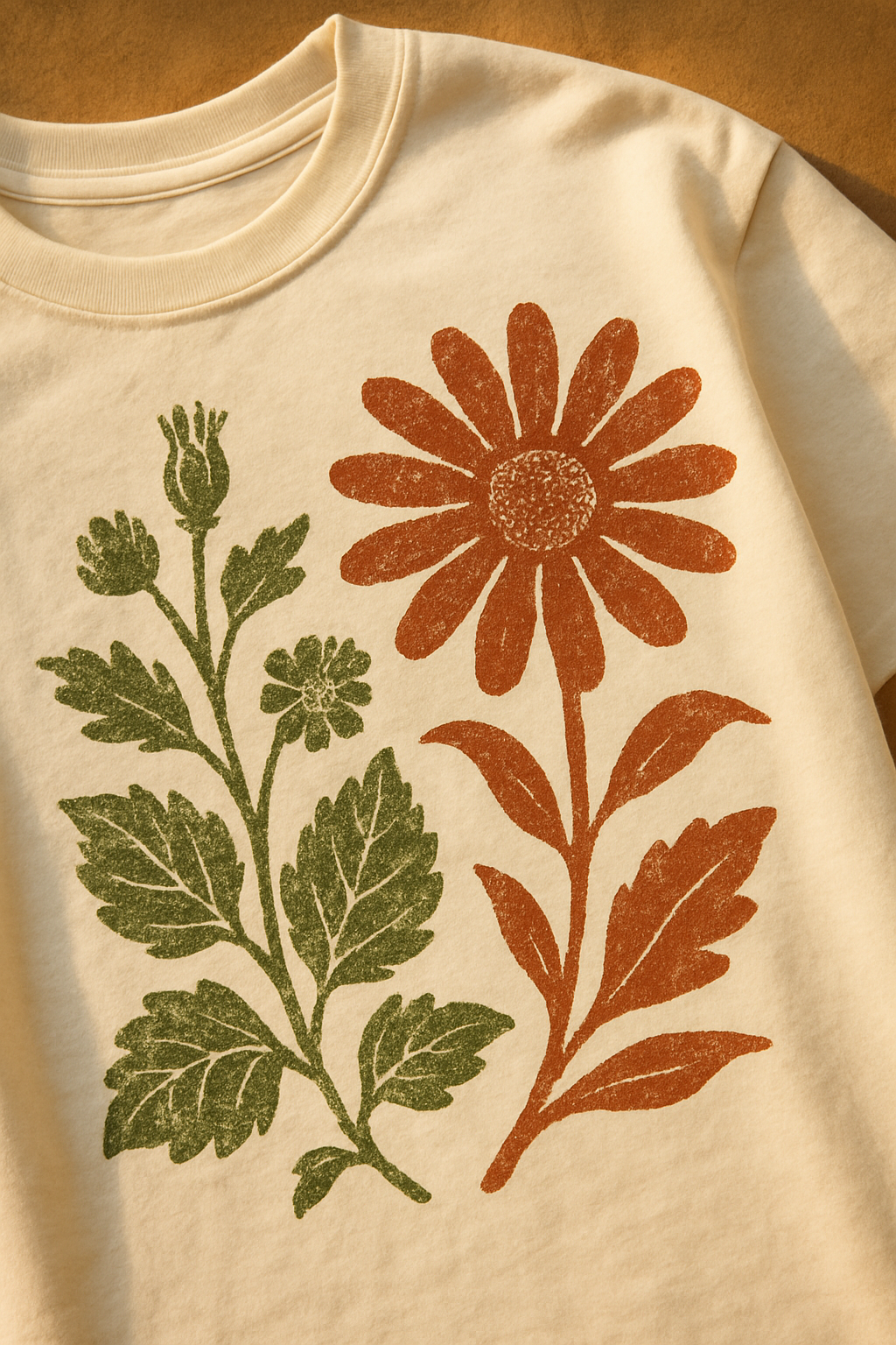 Close-up of a cream cotton tee with textured botanical screen print in moss green and rust tones