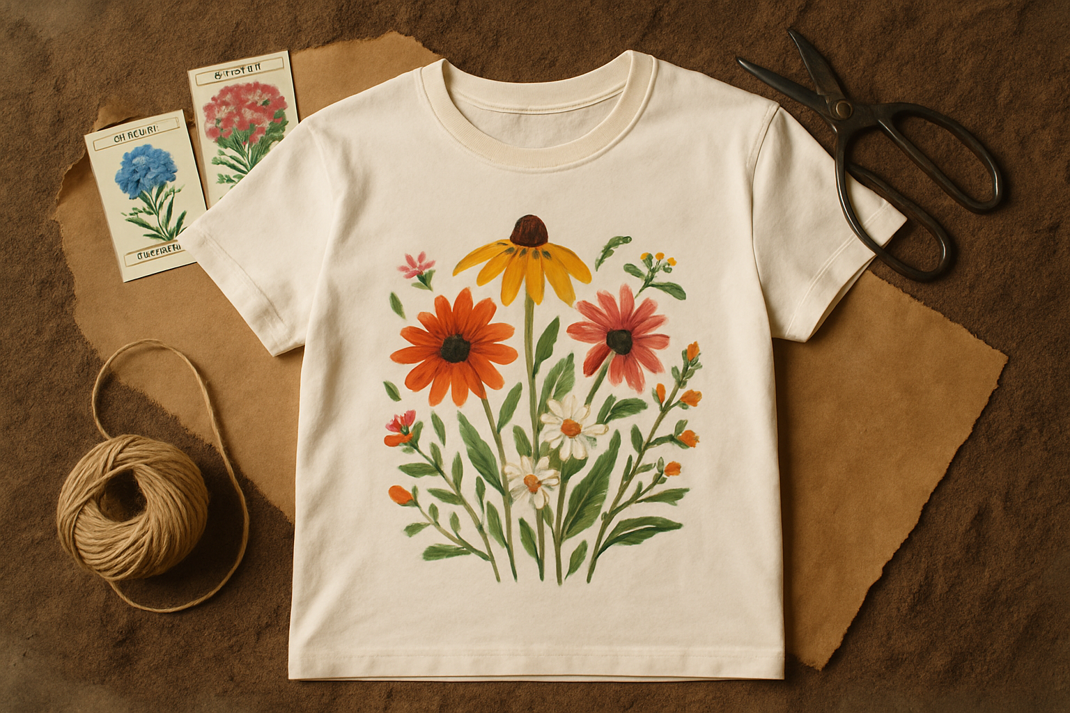 Flat lay of natural cotton tee with hand-painted wildflower artwork, garden shears, seed packets, and textured soil paper backdrop