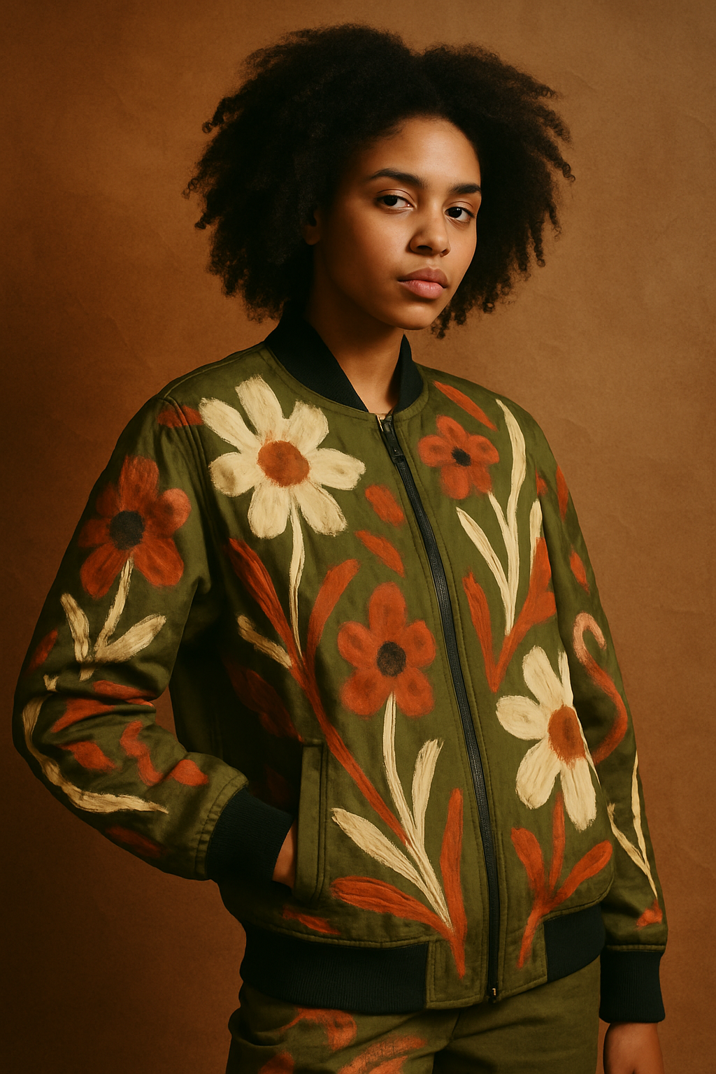 Model wearing an olive bomber jacket printed with bold hand-painted floral artwork and earthy red accents