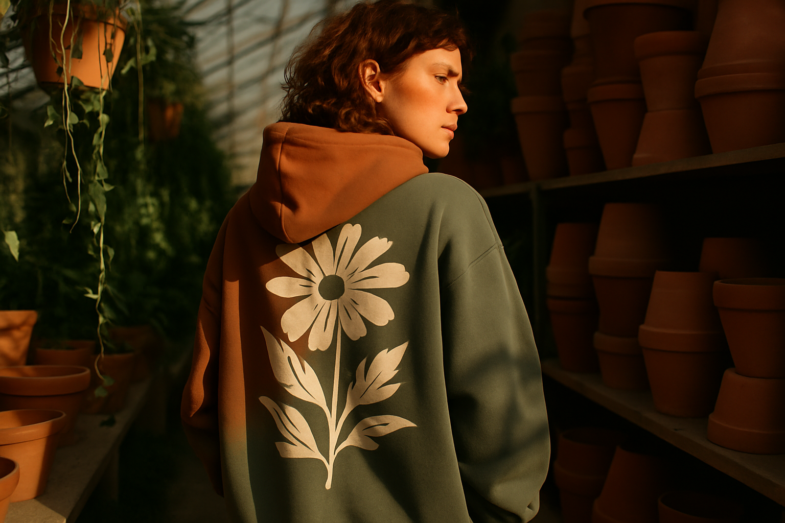 Editorial model in oversized clay-toned hoodie with bold botanical stencil print, standing in a greenhouse aisle with terracotta pots and leafy shadows
