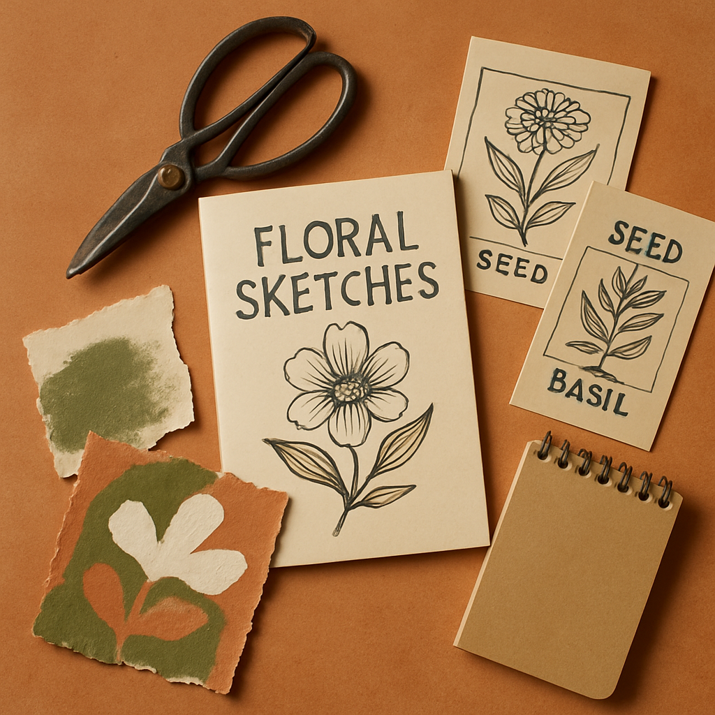 Flatlay collage of a floral sketch zine, pruning shears, seed packets, and painted paper textures on a clay-toned table