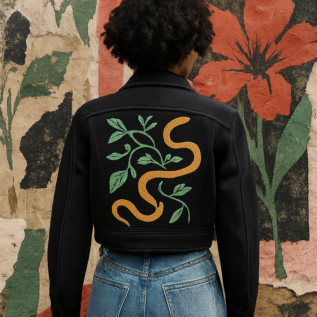 Street-style model in cropped black jacket with mischievous vine-and-snake back illustration against torn poster collage wall