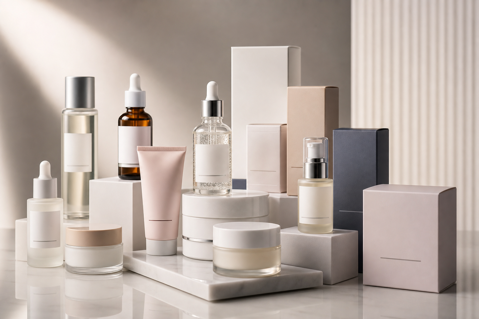 Elegant Korean skincare packaging arranged in a premium professional still-life for international trade presentation