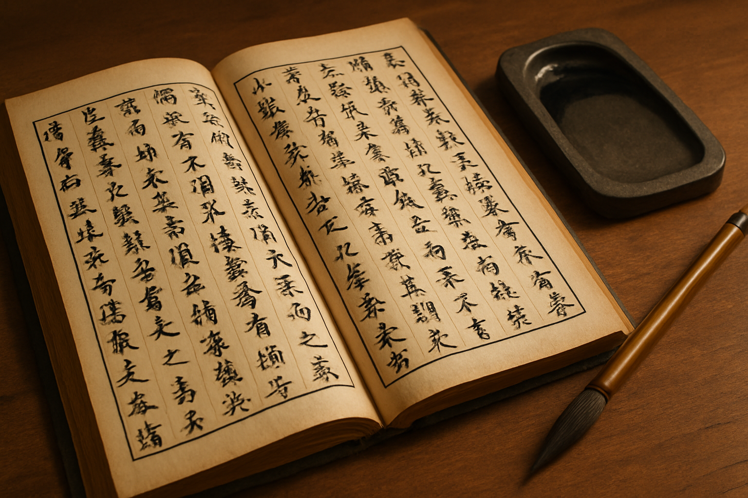 展开的古籍与毛笔书写场景