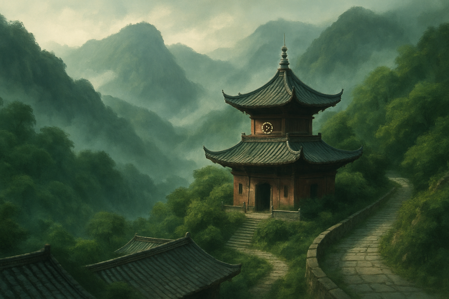 青山环绕的道观与云雾山景