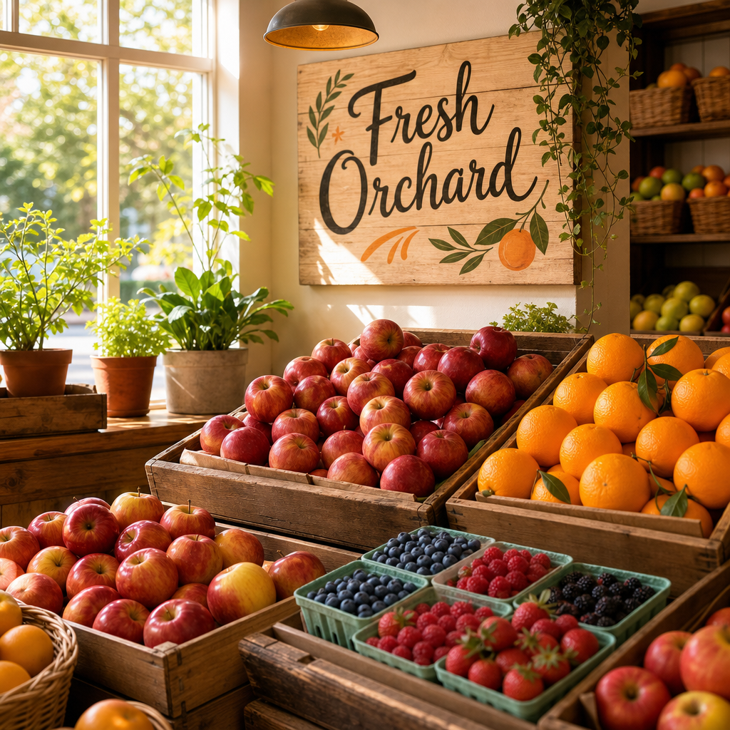 Warmly lit neighborhood fruit shop interior with wooden crates of colorful apples, oranges, and berries, a friendly handwritten sign reading Fresh Orchard, and a sunlit window with green plants