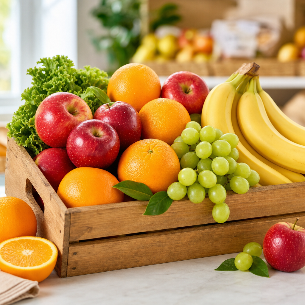 A wooden market crate filled with glossy apples, oranges, bananas, grapes, and a few leafy greens on a bright countertop
