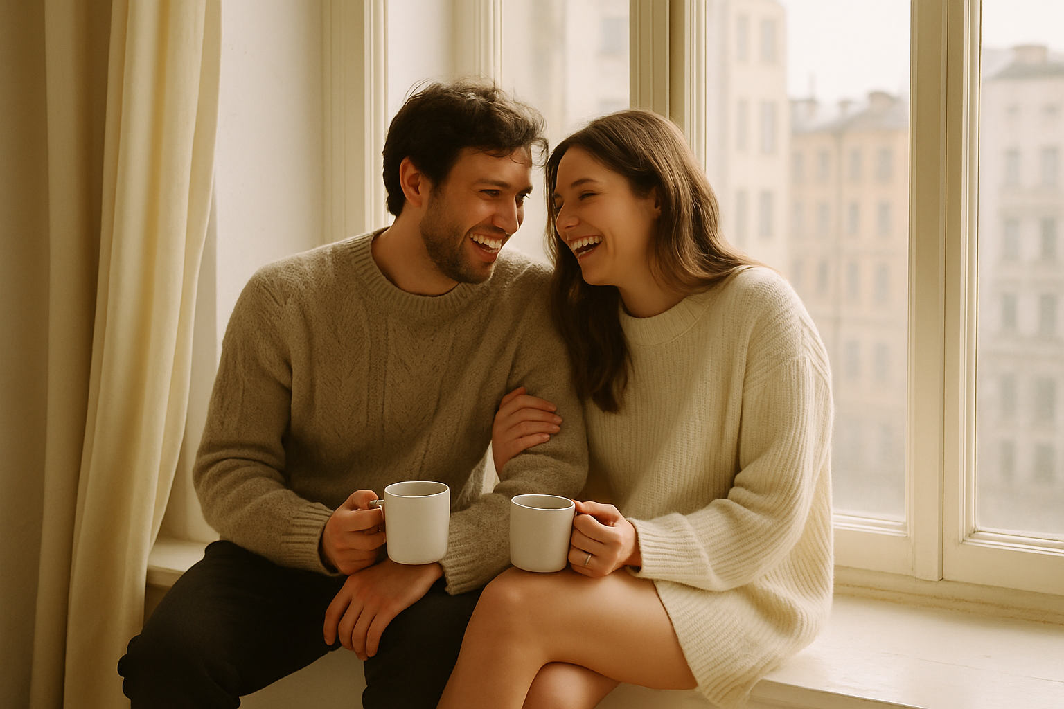 Couple laughing together by a tall window in a bright apartment