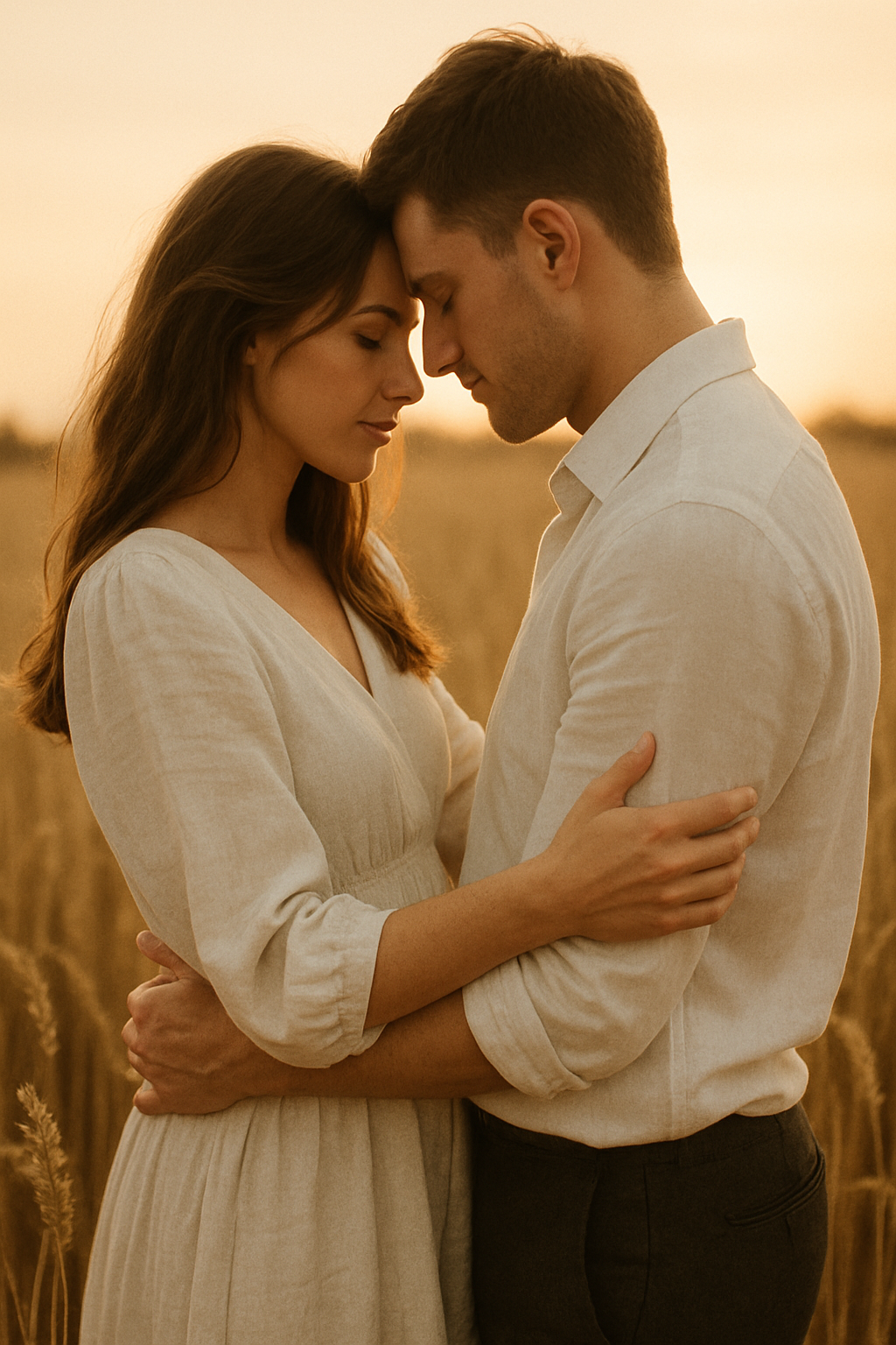 Couple embracing in a golden wheat field at sunset