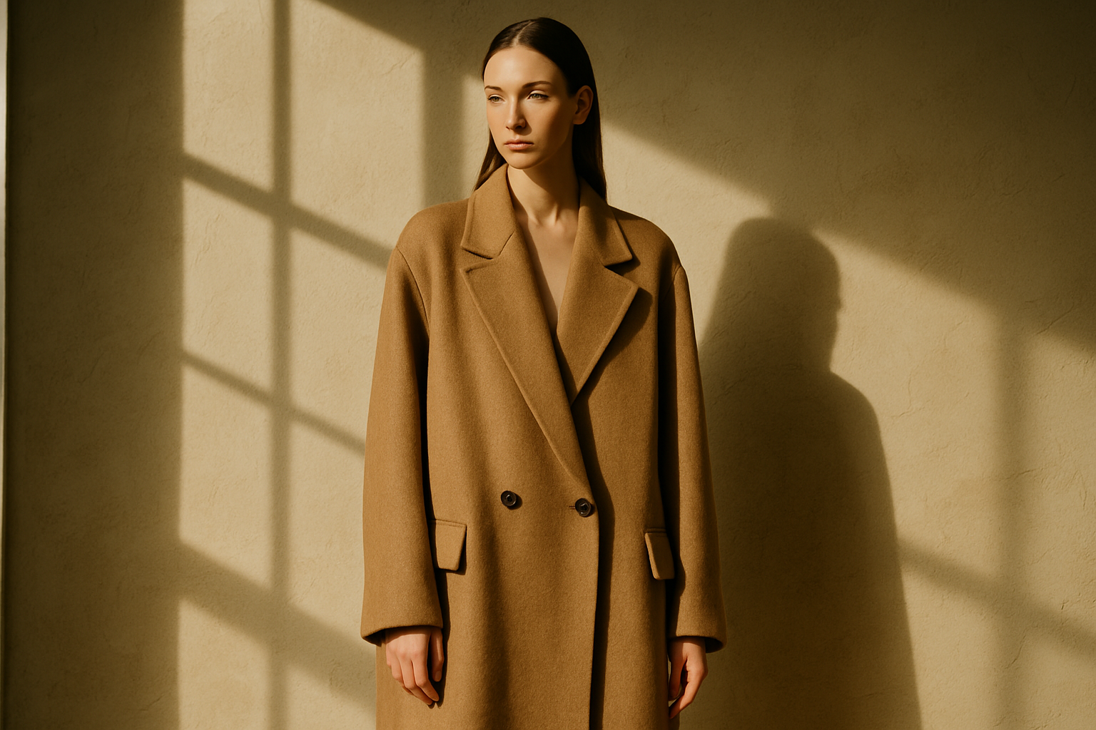 Model in a camel wool coat against a plaster wall in hard window light
