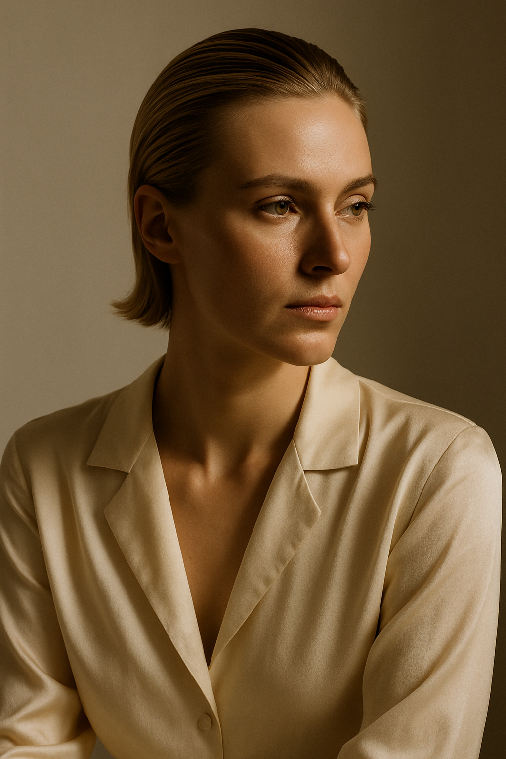 Close portrait of a woman in an ivory silk blouse with sculpted shadows