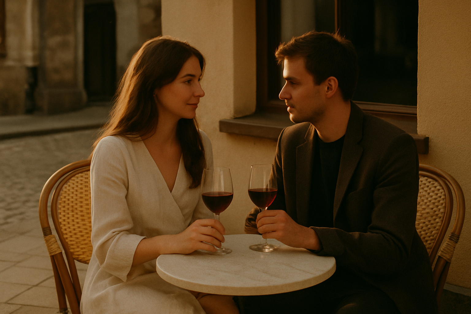Film-style image of a couple at a small café table in warm evening light