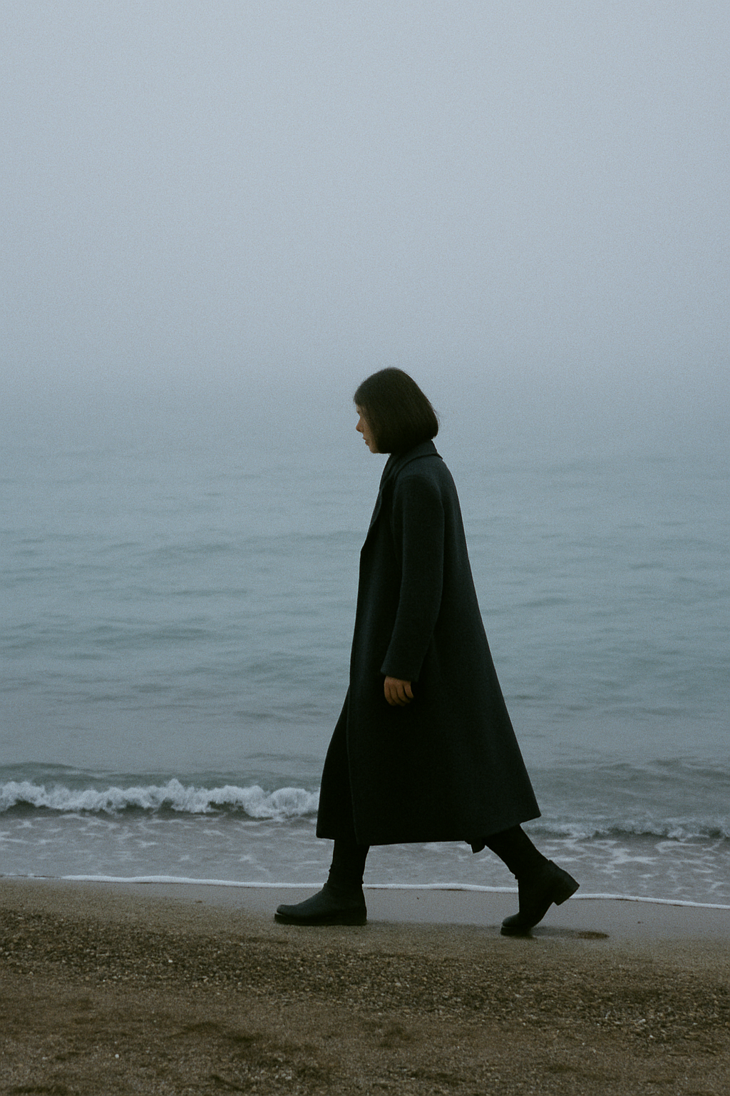 Grainy film photograph of a woman walking along a misty seashore
