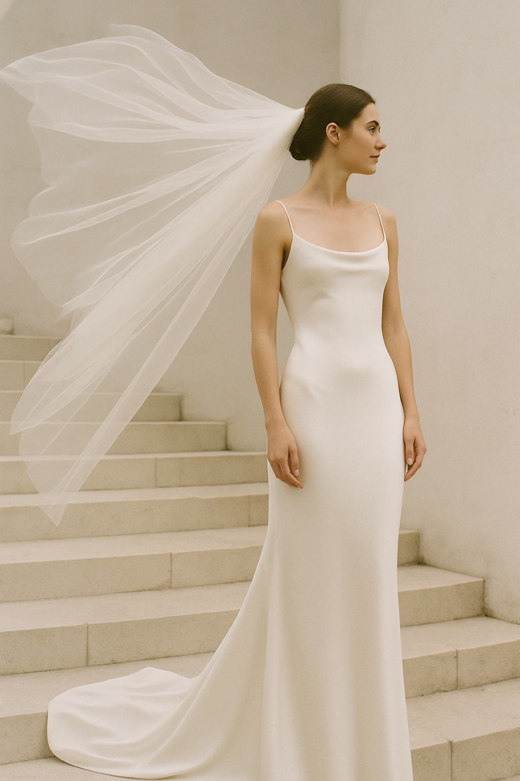 Bride with a long tulle veil lifted by wind on a stone staircase