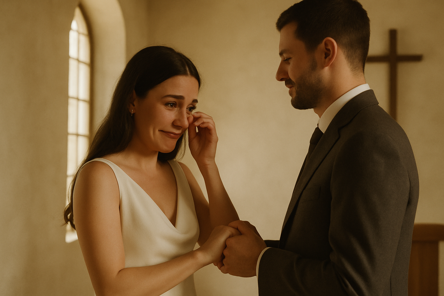 Bride in tears of joy during vows beside the groom in a sunlit chapel