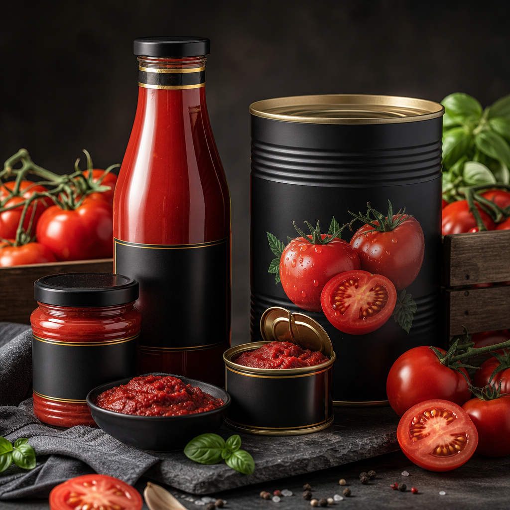 Wholesale presentation of premium tomato sauce and tomato paste in labeled tins and pouches arranged on a clean light background