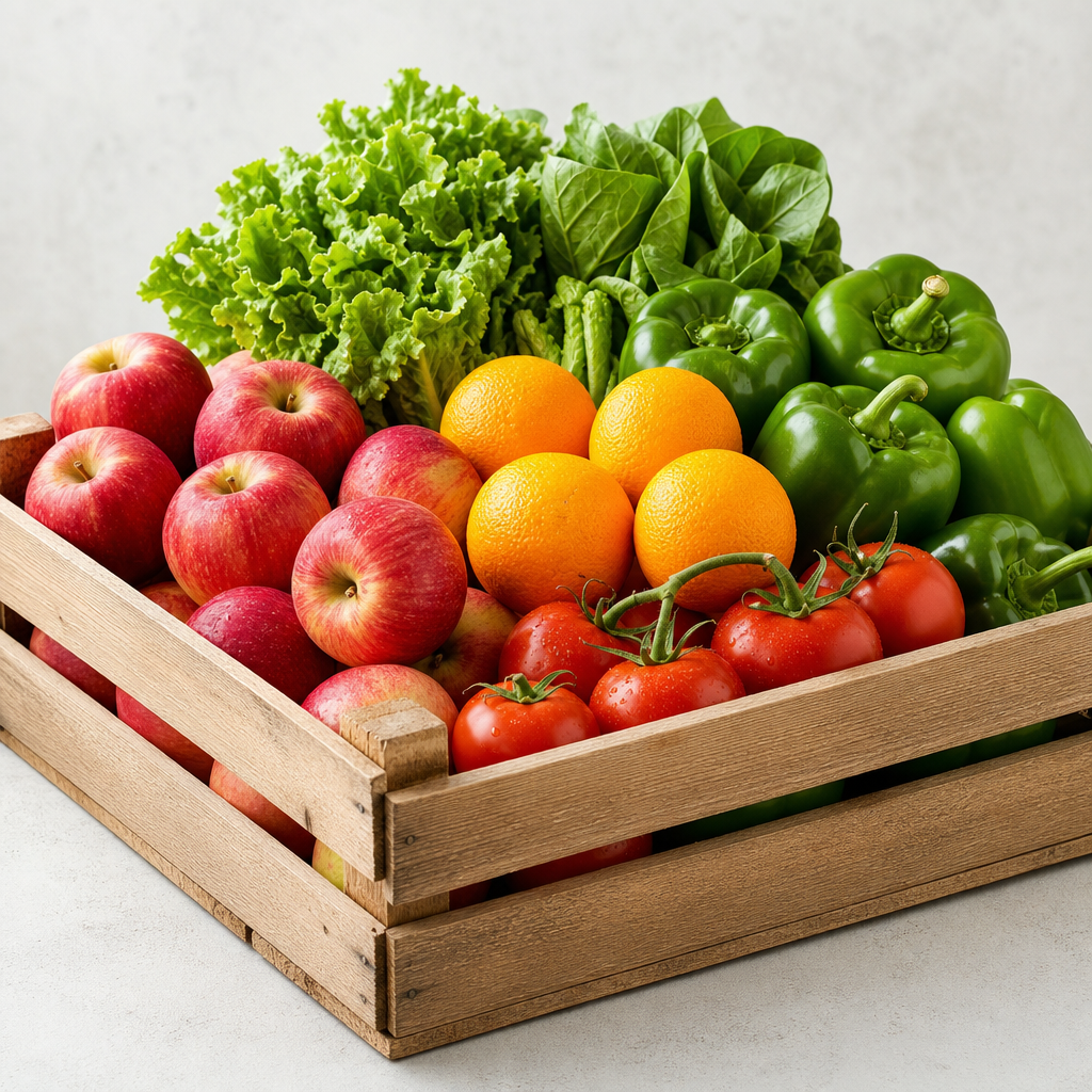 Wooden crate filled with vibrant apples, oranges, green peppers, leafy greens, and tomatoes on a clean light background