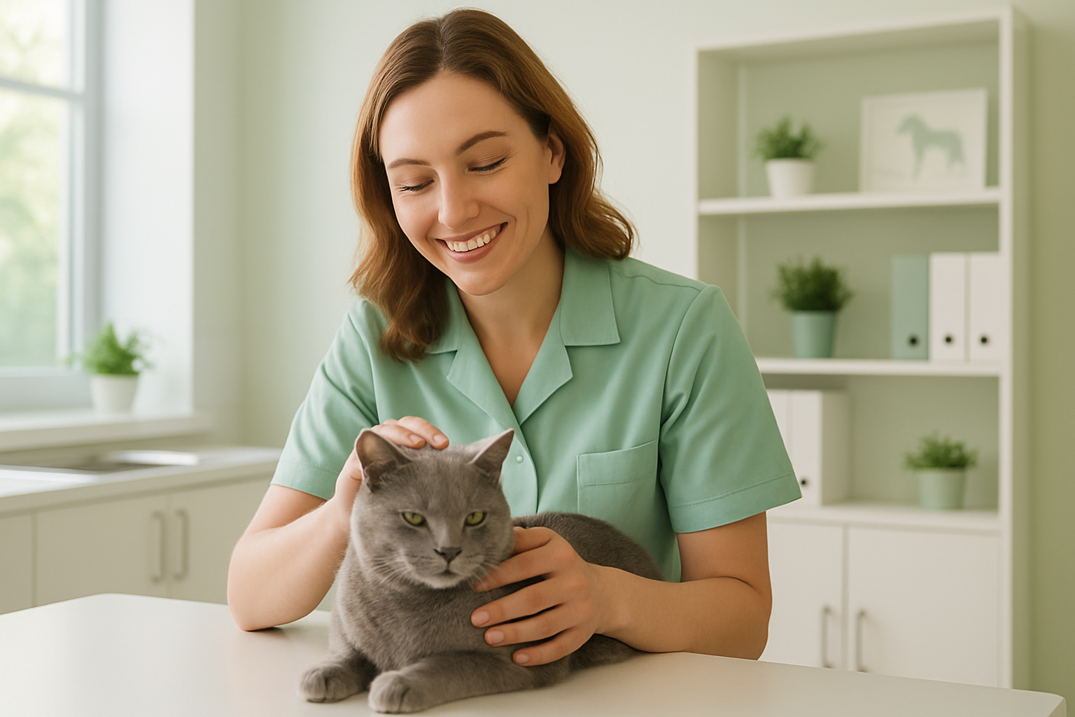 Veterinária sorridente com jaleco verde claro acariciando um gato cinza em uma clínica moderna e acolhedora