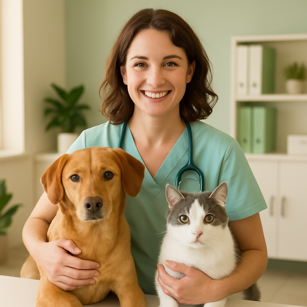 Veterinária sorridente com um cão e um gato em clínica acolhedora