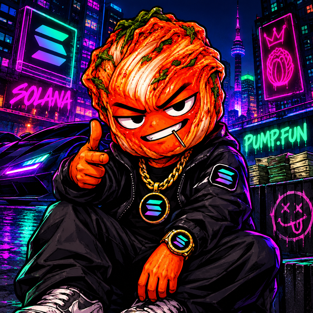 Cartoon kimchi gangster character with streetwear and neon Solana vibes
