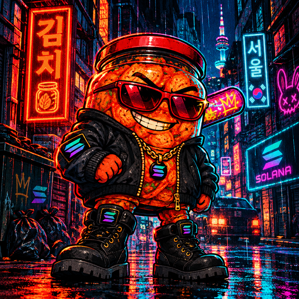 Cartoon kimchi jar gangster with red shades, black bomber jacket, and neon bat standing in a chaotic retro city alley