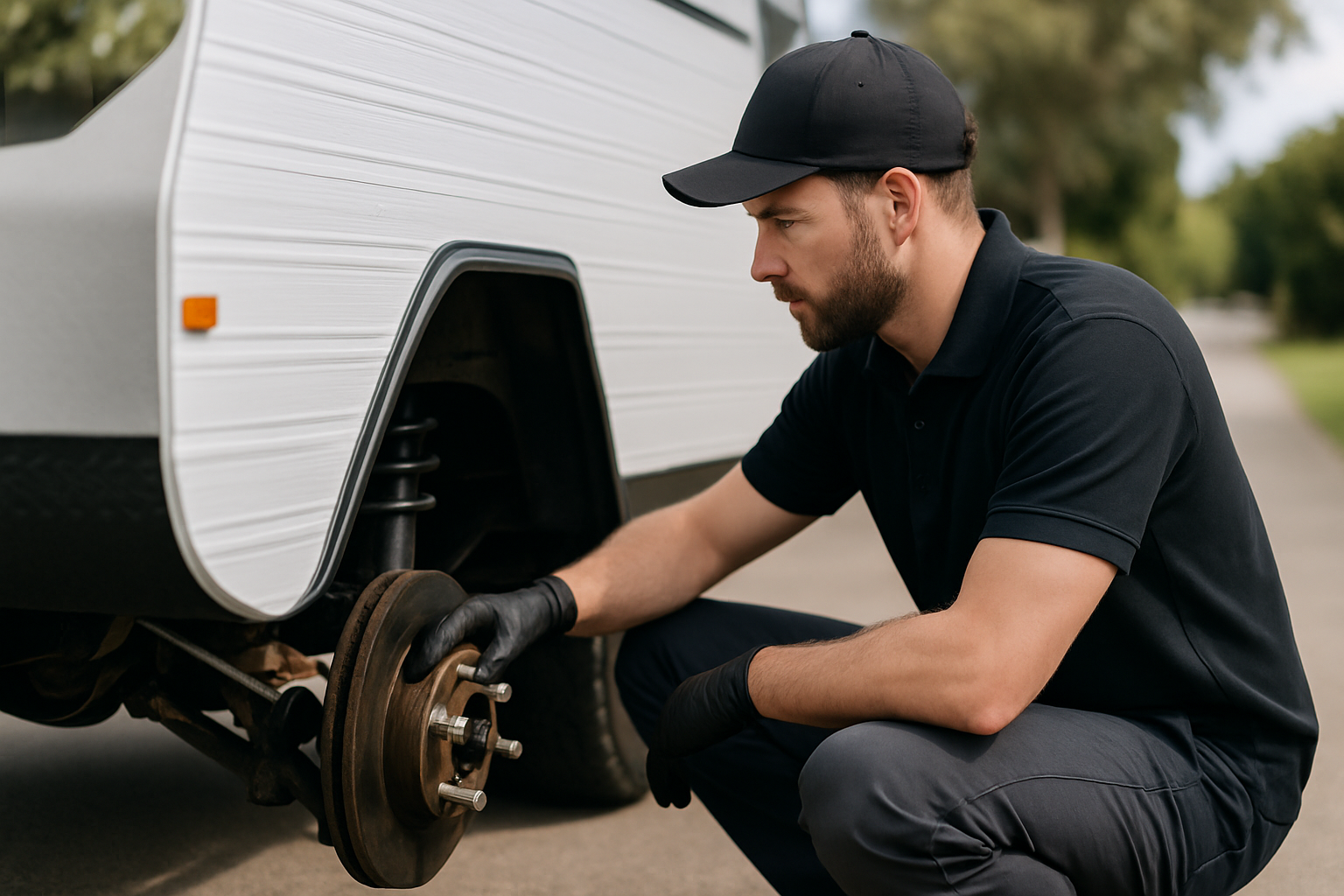 Mobile mechanic inspecting a caravan wheel hub, brake assembly and suspension components on-site in Perth