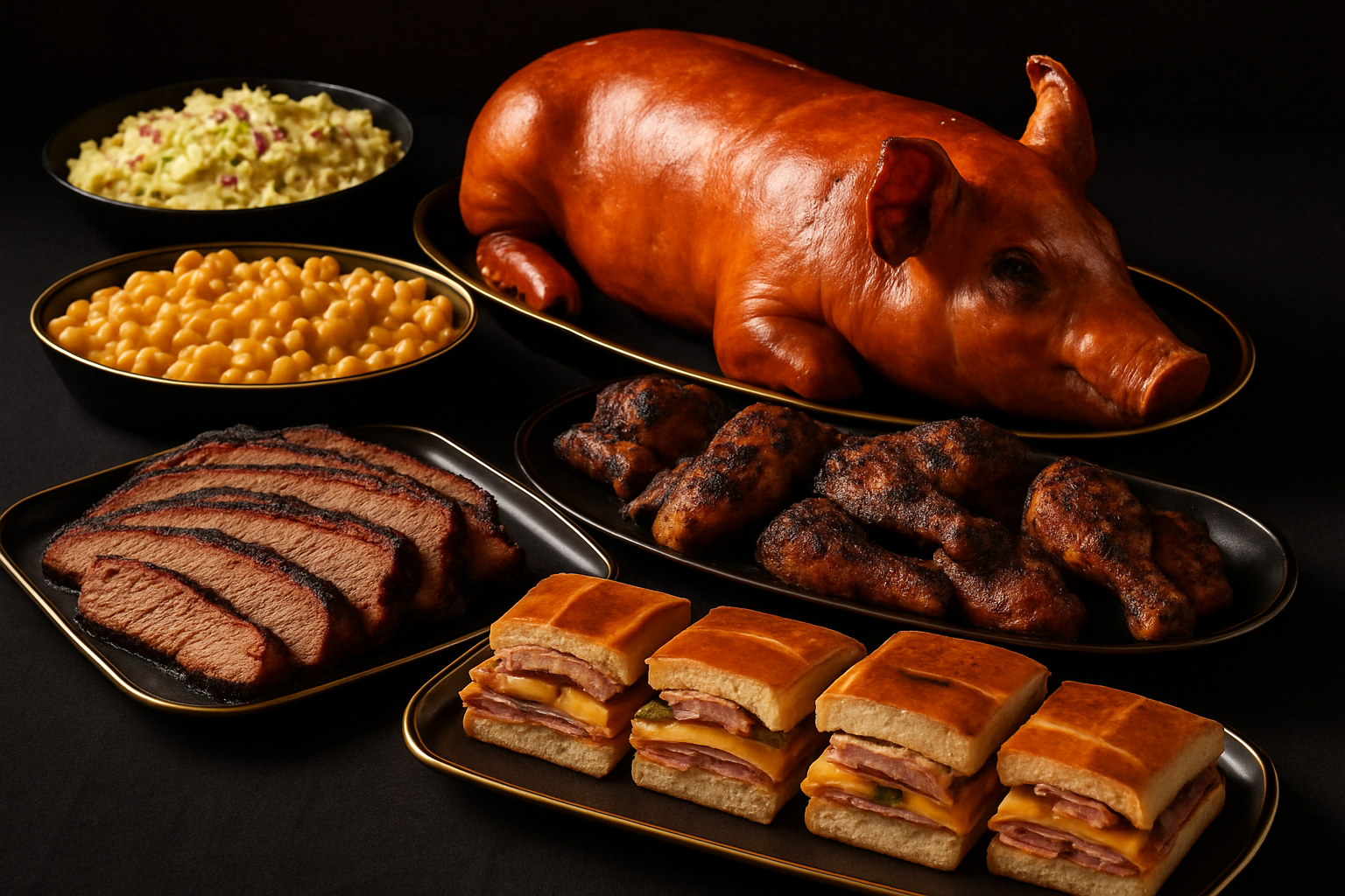 Barbecue catering spread with smoked brisket, whole roasted pig, jerk chicken, Cuban sandwiches, and sides on a black-and-gold styled table