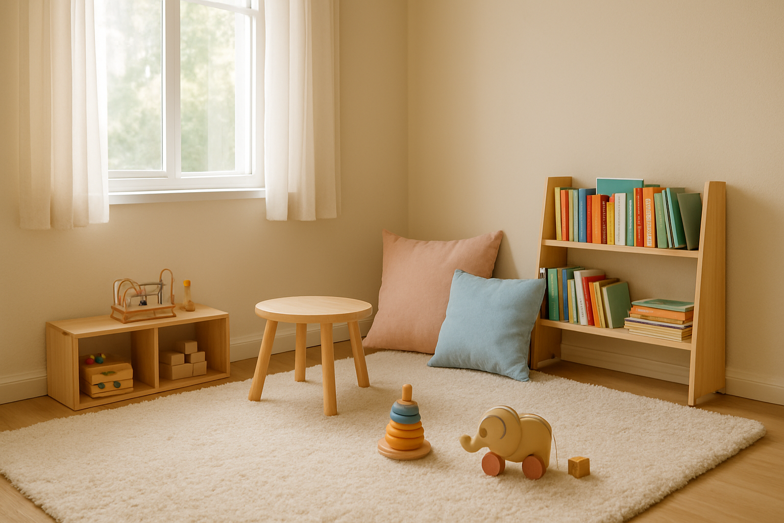 Espace de garderie lumineux avec tapis doux, coussins pastel et coin lecture chaleureux