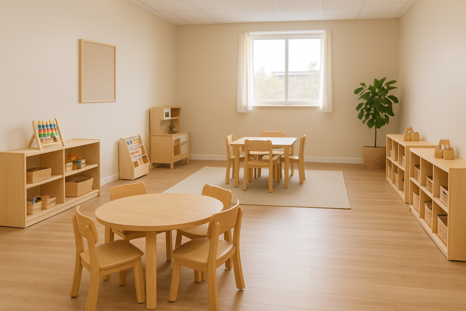 Vue d’ensemble d’une garderie accueillante avec zones de jeu et décor apaisant